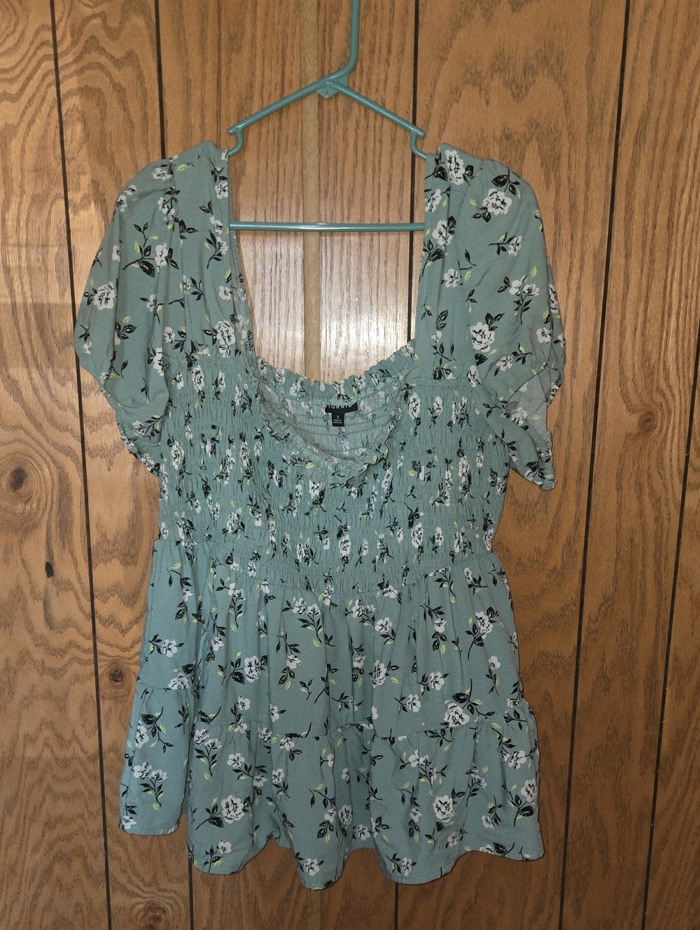 Floral Smocked Puff Sleeve Top - Seafoam Green